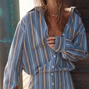 Free People Women's Not Your Boyfriend's Shirt Mini Dress XS Stripped Oversized